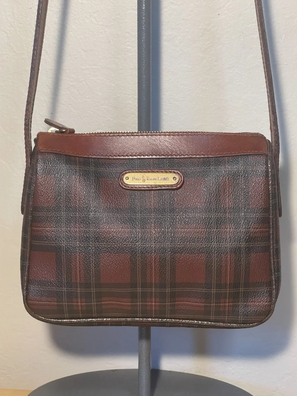 Vintage Polo Ralph Lauren Tartan Plaid Leather Crossbody Bag Heritage Equestrian